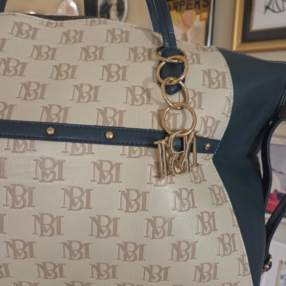 Badgley Mischka Carolina Vegan Leather Weekender Duffle‎ Bag Blue Cream Gold
